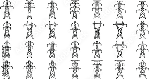 Silhouette collection of diverse transmission tower designs with lattice structures and insulators, vector illustration for stock content in electricity distribution and engineering infrastructure