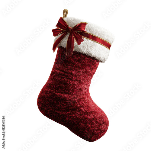 Festive Red Christmas Stocking with White Fur and Red Bow Decoration