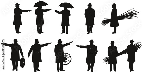 Silhouette men in trench coats with hats holding umbrellas, sticks, and objects, pointing gestures, vector illustration for stock content in mystery and fashion themes
