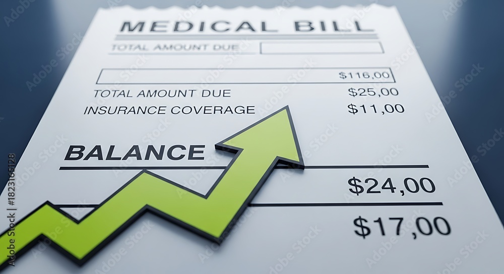 Naklejka premium Medical Bill with Rising Balance and Green Arrow.