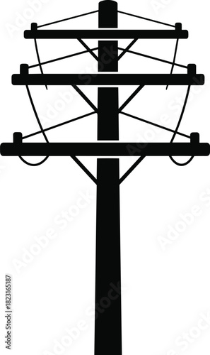 Silhouette utility pole with three crossarms, insulators and structured wires, diagonal braces for stability, vector illustration for stock content in electricity and communication infrastructure