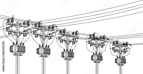 Silhouette utility poles with electrical transformers and power lines, detailed energy distribution infrastructure vector illustration for stock content in electricity and urban design