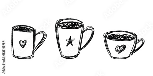 Set of cute hand drawn cup of tea or coffee Simple mug clipart Cozy home doodle Single element for design
