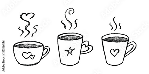 Set of cup of tea or coffee with rising steam Simple mug clipart Cozy home doodle Single element for print, web, design, decor