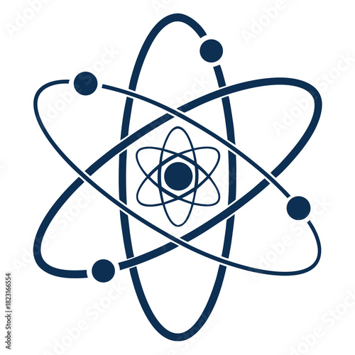 Stylized atomic model with orbiting electrons and a central nucleus representing science technology and fundamental particles in a clean graphic design