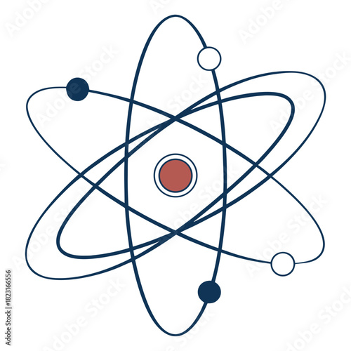 Stylized atomic model illustration with a central nucleus and orbiting electrons depicted as dark blue ellipses and circles on a white background representing science and research