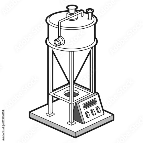 Isometric illustration of a laboratory distillation apparatus with a condenser heating mantle and control panel on a white background symbolizing scientific research and chemical engineering processes