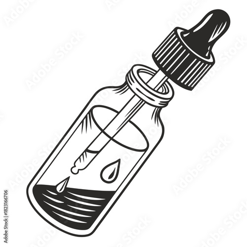 A black and white illustration of a glass dropper bottle with a black cap and rubber bulb dispensing liquid drops into the bottle representing science medicine or beauty products