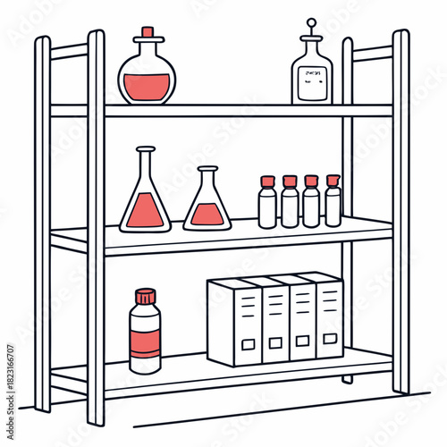 A simple line drawing illustration of a laboratory shelf filled with various glass beakers flasks vials and boxes containing red liquid and scientific supplies
