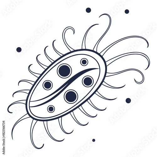 Stylized illustration of a single oval shaped bacterium with multiple wavy flagella and internal circular structures against a white background with scattered dots
