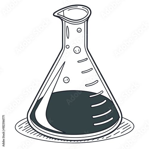 A simple hand drawn illustration of a laboratory erlenmeyer flask containing dark liquid with measurement markings and bubbles on a white background