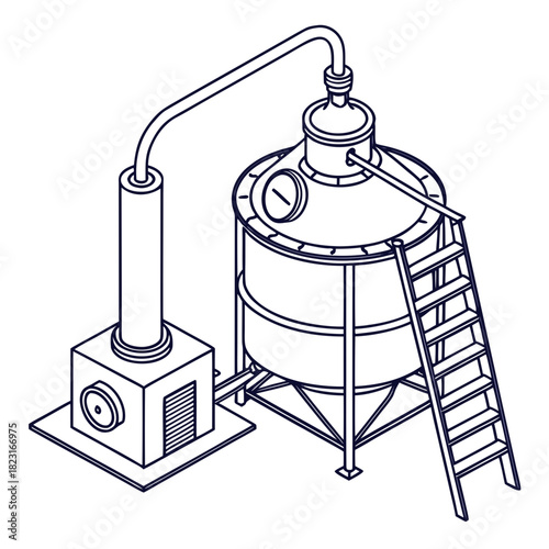 A minimalist line art illustration depicting an industrial distillation apparatus with a large cylindrical tank a connecting pipe and a separate processing unit with a ladder for access