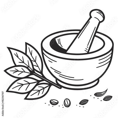 A black and white line drawing of a mortar and pestle with a sprig of leaves and scattered seeds representing natural ingredients and preparation