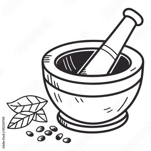 A hand drawn black and white illustration of a mortar and pestle with fresh basil leaves and peppercorns nearby perfect for culinary or herbal themes