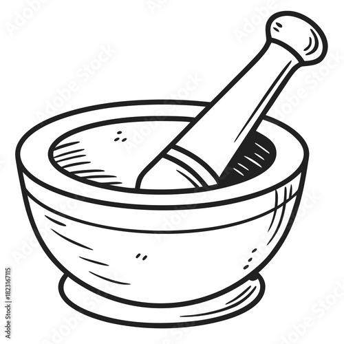 A simple black and white line drawing illustration of a mortar and pestle a traditional tool used for grinding and crushing substances isolated on a white background