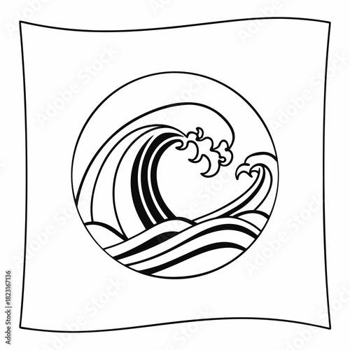 Stylized black and white illustration of a powerful ocean wave breaking within a circular frame evoking a sense of motion and natural beauty