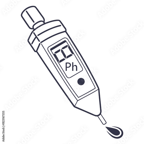 Simple line drawing illustration of a digital ph meter with a drop of liquid falling from its tip representing scientific measurement and testing
