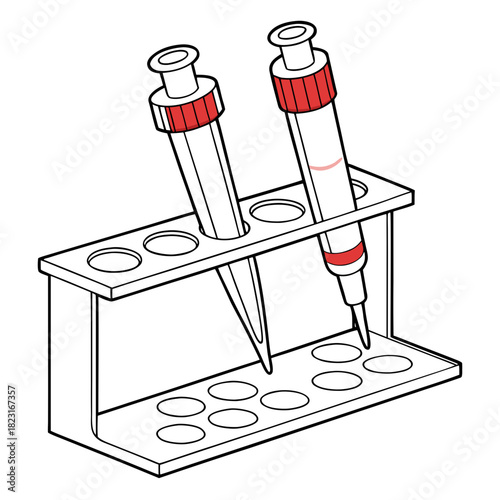 Two laboratory pipettes with red accents are held upright in a white rack ready for scientific experimentation and liquid handling in a research setting