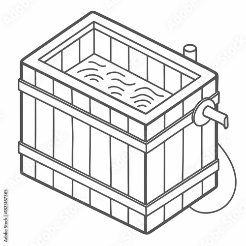 Isometric line drawing of a wooden hot tub filled with water featuring a spout and a pipe for water flow representing relaxation and outdoor bathing