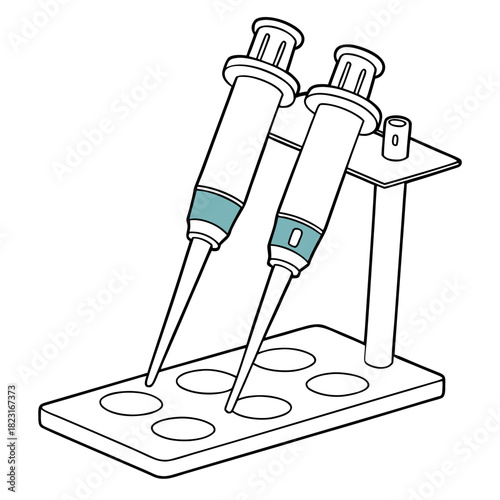 Two laboratory pipettes with blue markings are held in a stand over a rack of wells representing scientific research and liquid handling