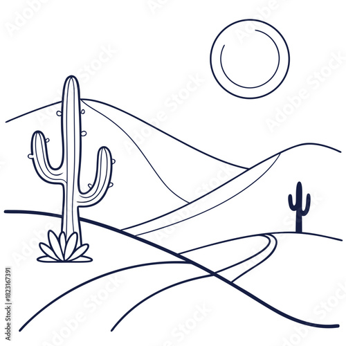 Stylized minimalist line art illustration of a desert landscape with rolling hills a prominent saguaro cactus a smaller cactus and a sun overhead evoking a sense of arid beauty and simplicity