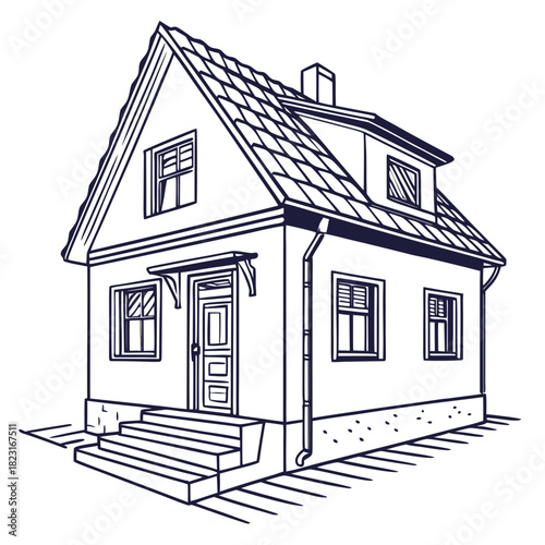 A charming hand drawn line art illustration of a two story house with a pitched roof dormer windows and a welcoming front entrance with steps