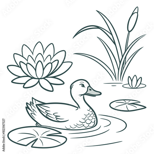 A charming line art illustration of a mallard duck swimming peacefully in a pond surrounded by blooming water lilies and tall reeds on a white background