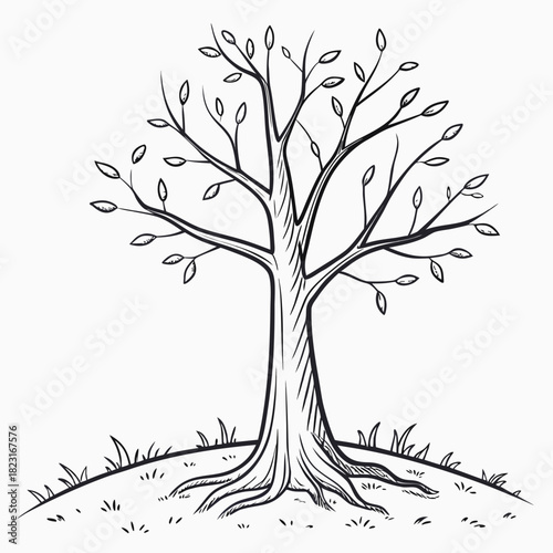 A solitary bare tree with a few small leaves on its branches stands on a grassy mound with visible roots in a simple black and white sketch