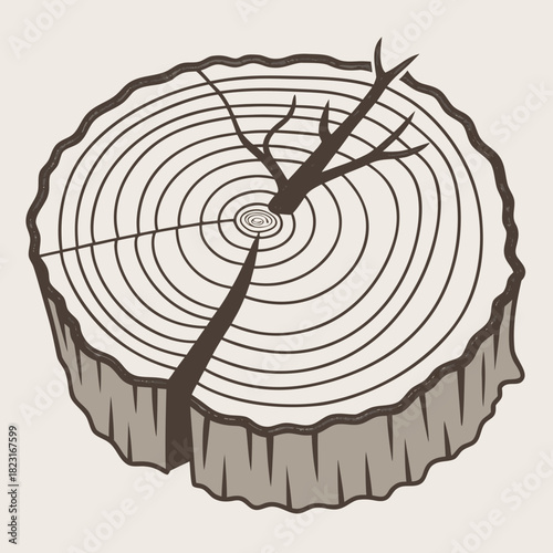 A stylized illustration of a tree stump with visible growth rings and a prominent crack running through the center showcasing its natural texture and age