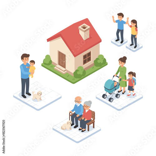 Family generations living together in a neighborhood community