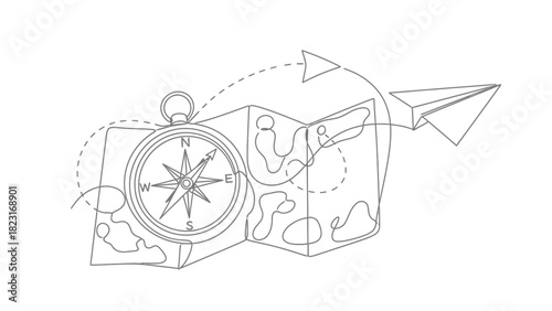 Line art of a compass, map, and paper airplane suggesting travel and exploration.