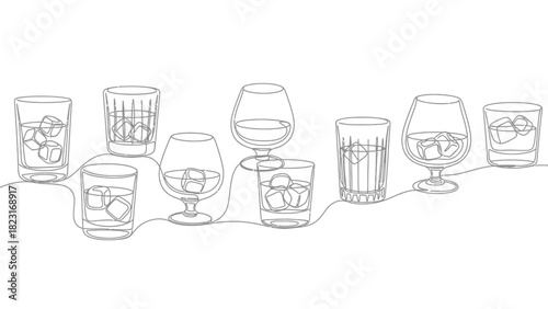 Continuous line drawing of various glasses with ice cubes.