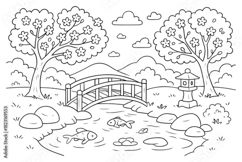 Japanese Garden Scene with Arch Bridge, Koi Fish, Cherry Blossom Trees, and Stone Lantern