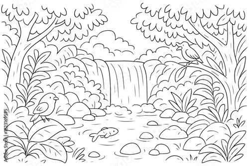Waterfall Scene with Birds and Fish in a Forest Coloring Page