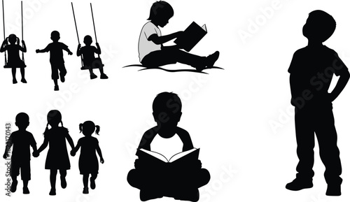 Children activity silhouette set, swinging, reading, walking, standing, black on white, playful and educational icon