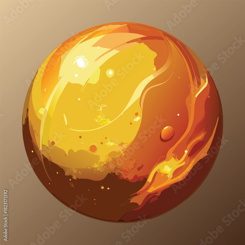 Abstract golden sphere with fluid texture and light effects Keywords: abstract, sphere, orb, planet, ball, round, orange, yellow, gold, liquid