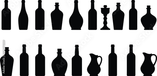 Silhouette collection of bottles, vases, pitchers in black vector design, decorative shapes illustration, minimalist container set, abstract household object art
