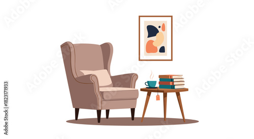 A comfortable armchair in a cozy reading nook, accompanied by a side table with books, a steaming cup, and abstract wall art.