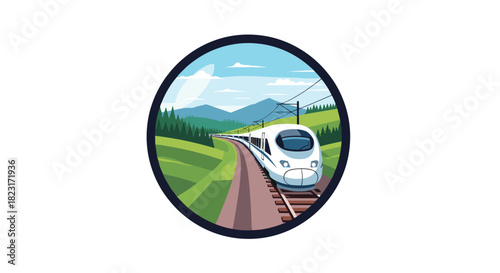 A sleek white high-speed train travels on a railway track through a beautiful green natural landscape with mountains in the background.