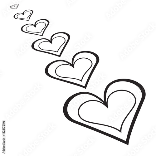 Black outline hearts in a descending line on white black and white