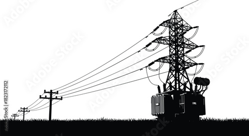 Silhouette transmission tower with transformers and utility poles connected by power lines across grassy landscape, vector illustration for stock content in electricity distribution infrastructure