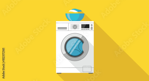 A clean white front-loading washing machine with a blue bowl of laundry detergent on its top, depicted in a contemporary flat design style with long shadow.