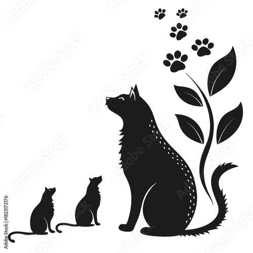 Black silhouette of a large cat sitting with two smaller cats looking up with paw prints floating upwards