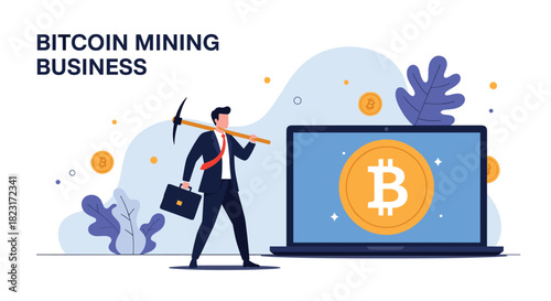 A businessman with a pickaxe and briefcase walks towards a laptop displaying a large Bitcoin symbol, representing the cryptocurrency mining business.