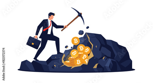 A businessman actively mines golden Bitcoin coins from a dark rock formation, illustrating the concept of cryptocurrency mining and digital wealth creation.