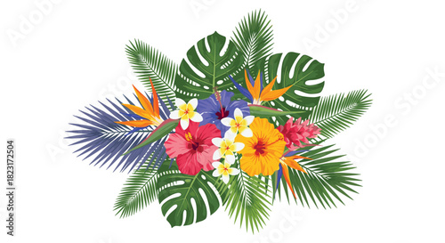 Vibrant arrangement of exotic tropical flowers and lush green and purple leaves, perfect for a summer or vacation theme.