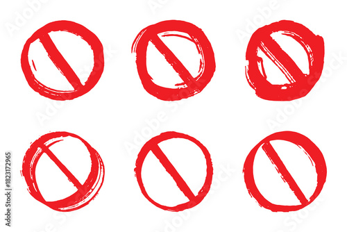 Set of hand drawn prohibition sign No entry symbol Red circle with cross line clipart in doodle style Ban Restriction Forbidden stop Single element for print, web, design