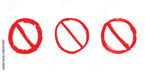 Set of hand drawn prohibition sign No entry symbol Red circle with cross line clipart in doodle style Ban Restriction Forbidden stop Single element for print, web, design