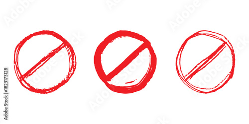 Set of hand drawn prohibition sign No entry symbol Red circle with cross line clipart in doodle style Ban Restriction Forbidden stop Single element for print, web, design