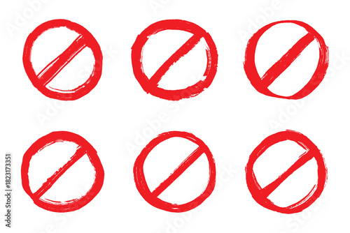 Set of hand drawn prohibition sign No entry symbol Red circle with cross line clipart in doodle style Ban Restriction Forbidden stop Single element for print, web, design